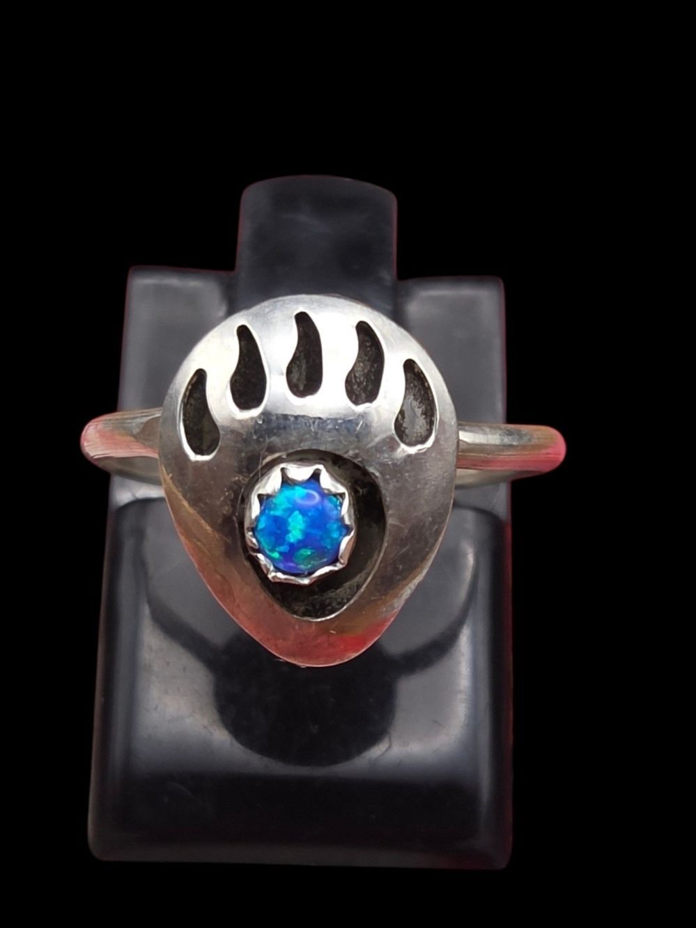 Southwest Sterling Silver Bear Paw Ring Blue Fire Opal Size 6